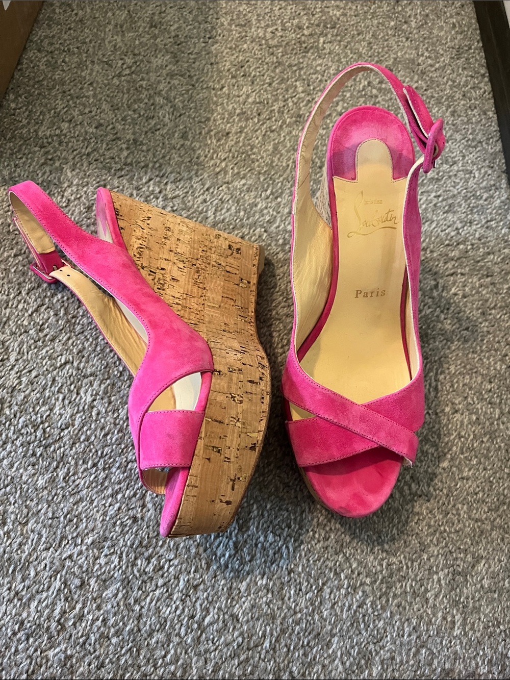 Christian Louboutin Hot Pink Suede Cork Wedge Sandals